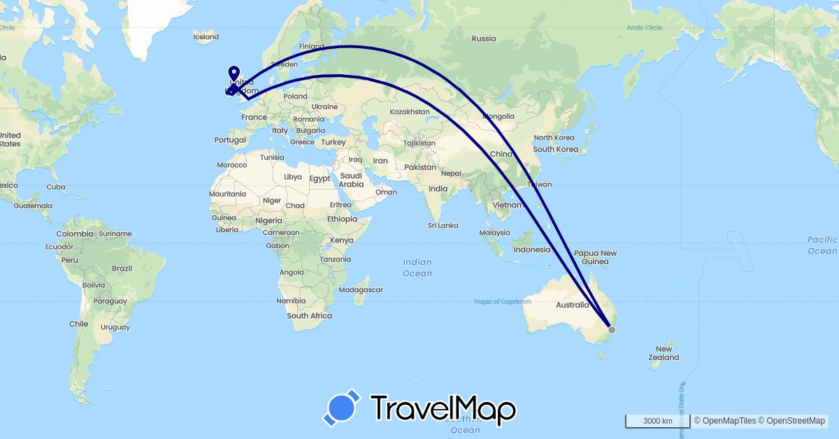 TravelMap itinerary: driving, plane in Australia, United Kingdom, Ireland (Europe, Oceania)